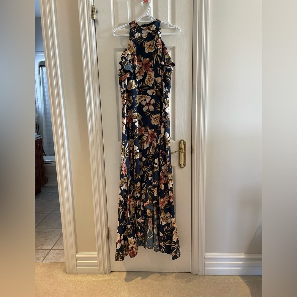 Floral Halter Neck Maxi Dress - Blue and Cream